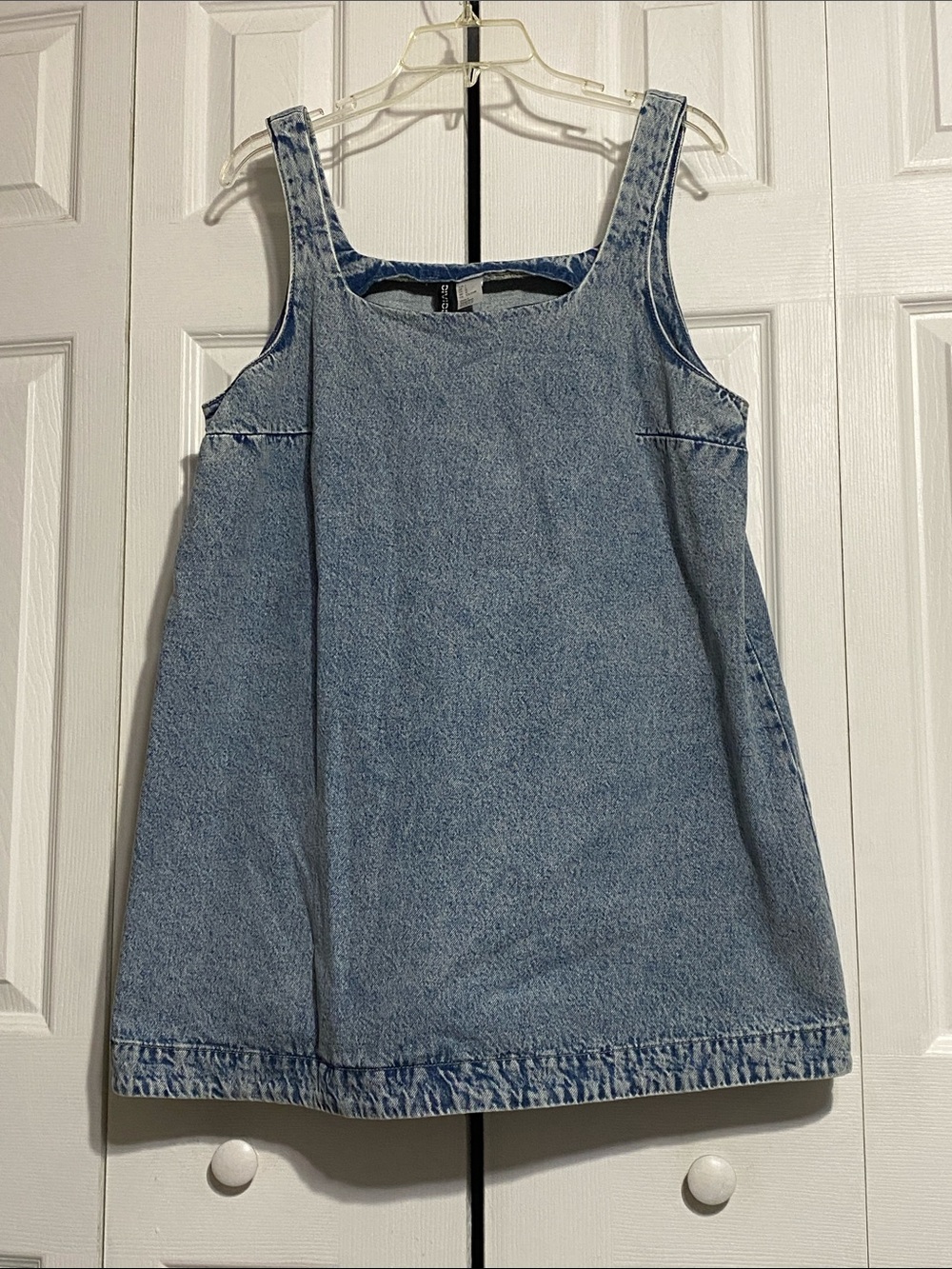 Divided cotton distressed blue denim jean tunic mini dress top shirt size LARGE